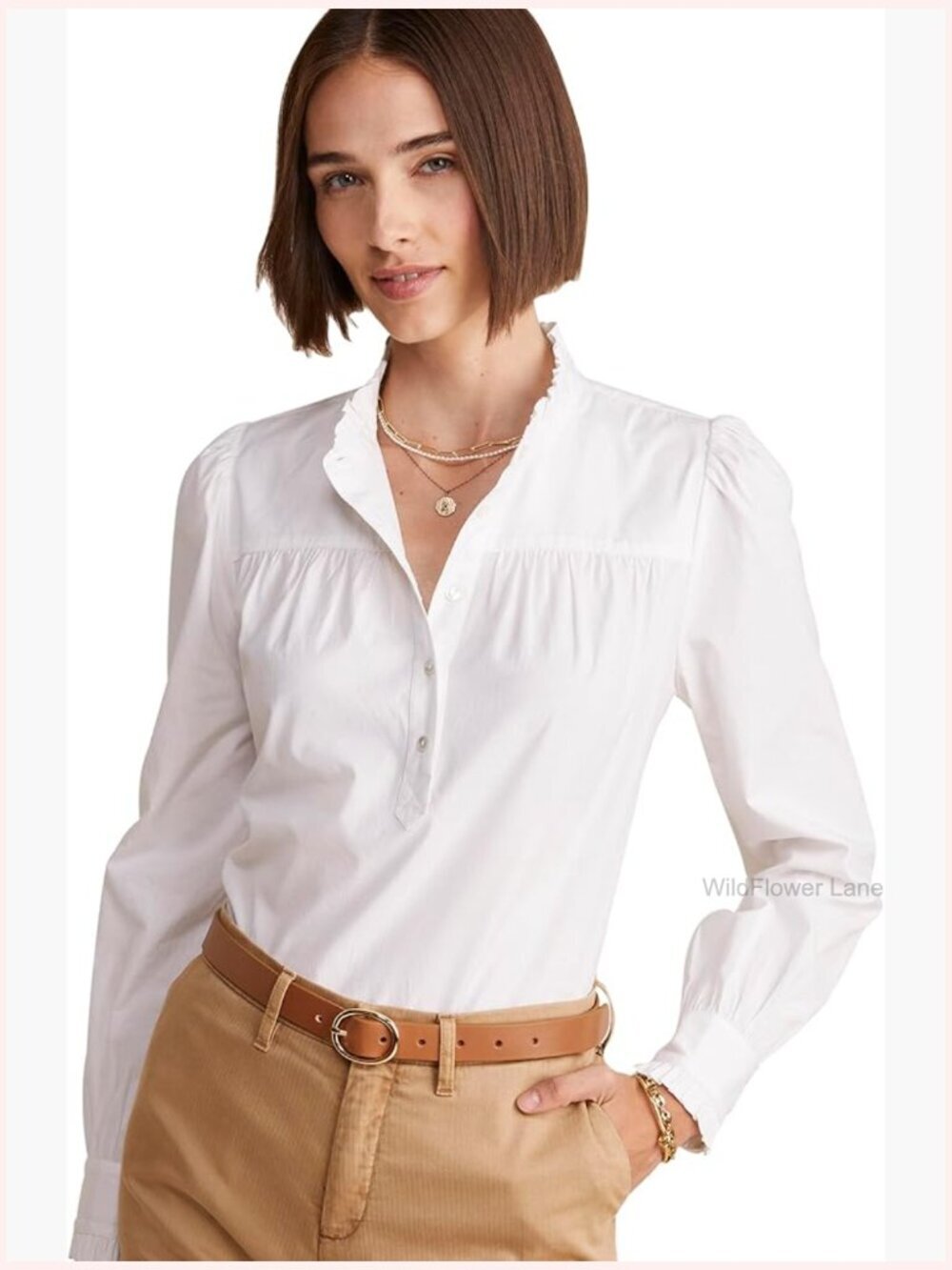 Women's Poplin Ruffle Collar Blouse Button Front Long Sleeve